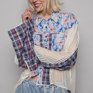 POL Patchwork Floral Plaid Lace Crochet Button Down Boho Top SZ S-M-L